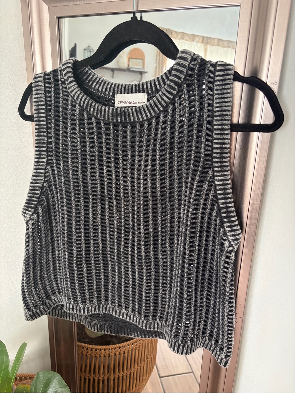 Zenana Chunky Knit Sweater Black Gray Open Knit Sleeveless Pullover